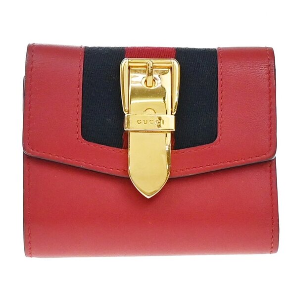 GUCCI Logo Sylvie Compact Trifold Wallet Leather Red 278-082725 - Picture 1 of 13
